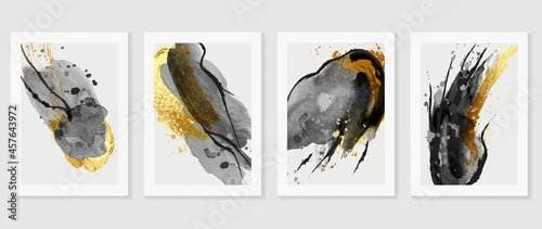 Abstract art background vector. Minimal hand painted watercolor and golden brush line art illustration.  Design for wall decoration, wall arts, cover, postcards, brochure. 