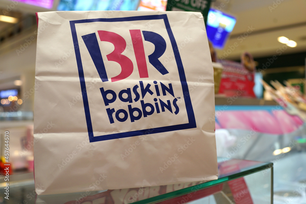 BaskinRobbins take away paper bag on store shelf in Queensbay mall