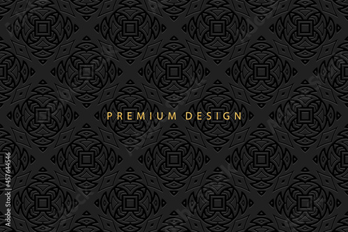 Geometric volumetric convex ethnic 3D pattern, cover design. Embossed black background, original ornament in the technique of handmade and doodling. Oriental, Indian, Asian, Mexican, Aztec motives. 