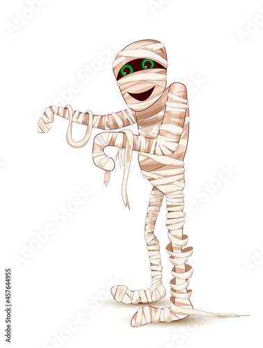 Cute smiling mummy. The cartoon mummy is walking, arms outstretched forward. Character for the holiday Halloween. White background