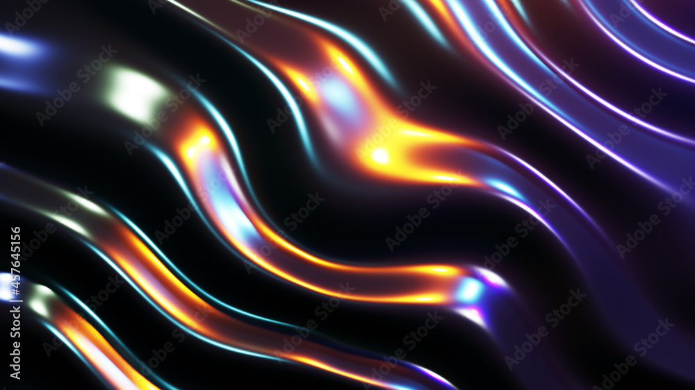 Abstract background, dark liquid metal waves with neon colors lights, interesting  metallic texture 3D Render illustration.