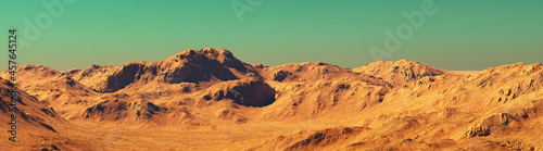 Mars landscape panorama, 3d render of imaginary mars planet terrain, orange desert with mountains, realistic science fiction illustration. 