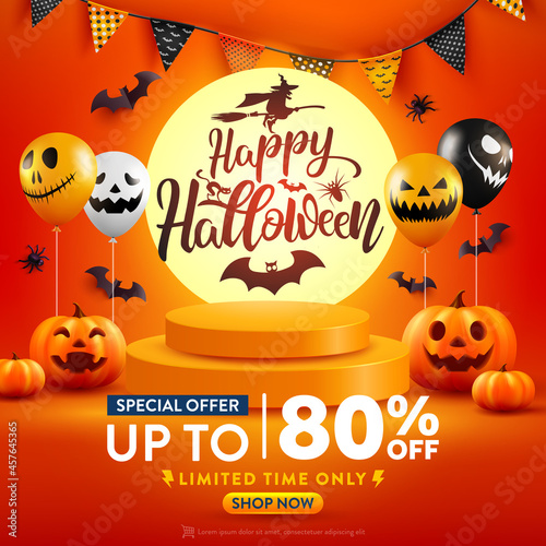 Halloween Sale Promotion Poster or banner with Halloween Pumpkin and Ghost Balloons.Scary air balloons with Product podium scene.Website spooky,Background or banner Halloween template.