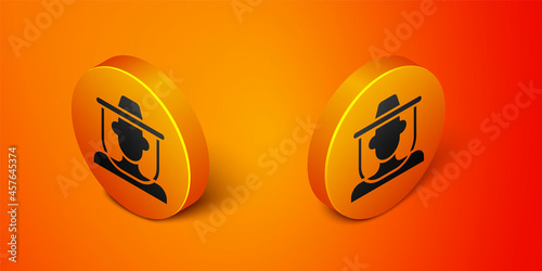 Isometric Beekeeper with protect hat icon isolated on orange background. Special protective uniform. Orange circle button. Vector