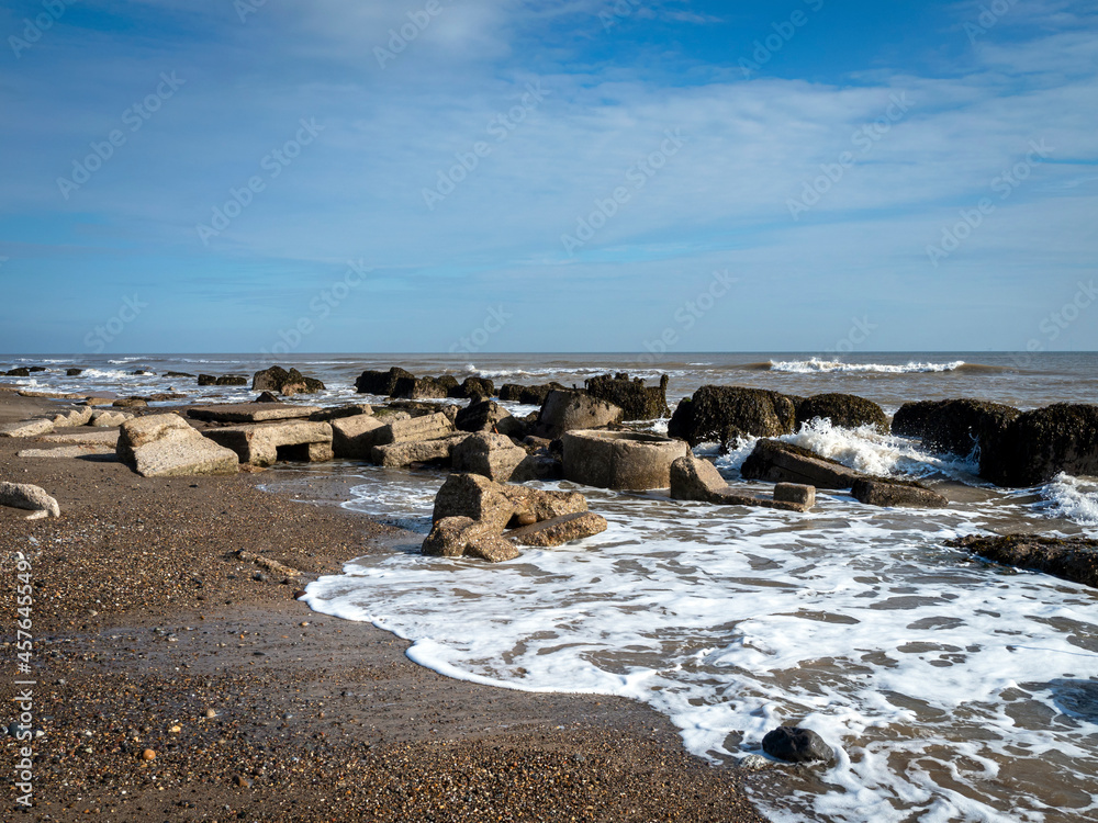 Concrete blocks on the foreshore at Spurn Point, East Yorkshire, England