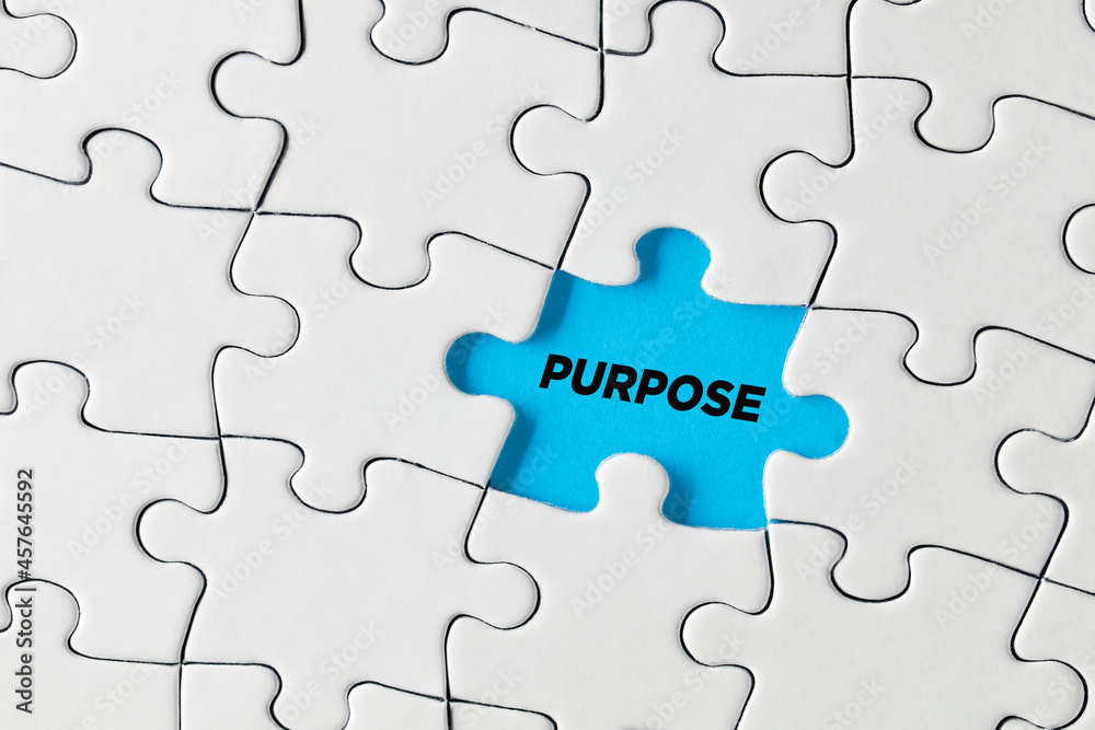 The word purpose written on blue missing puzzle piece. Discovering the purpose The word purpose written on blue missing puzzle piece. Discovering the purpose