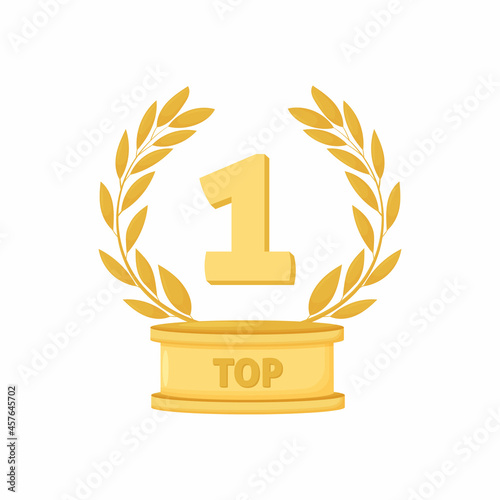 Vector golden number 1 and wreath. Golden award on pedestal, winner icon, success, reward sign symbol isolated on white.