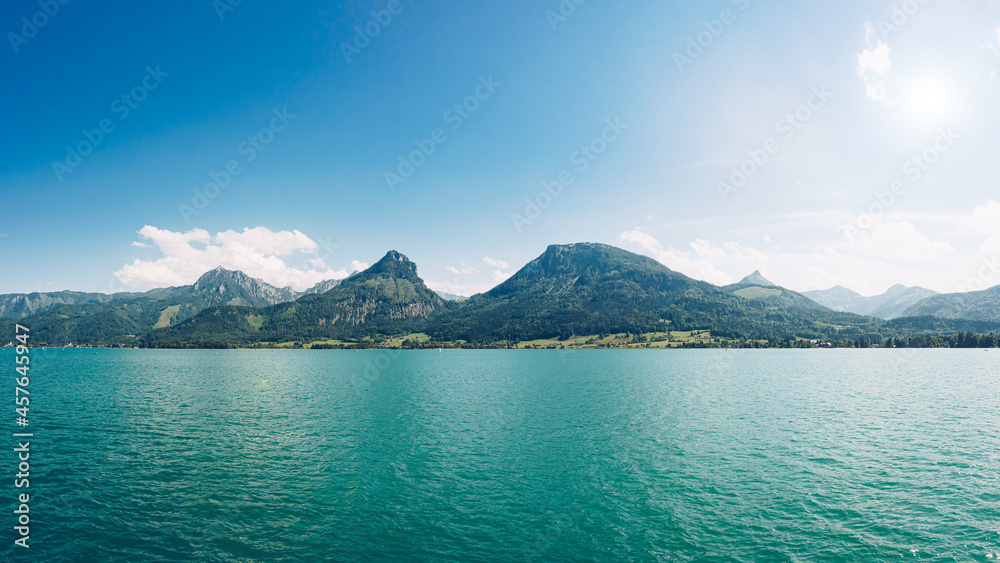 Wolfgangsee Lake panorama in the Austrian Salzkammergut during summer holiday.