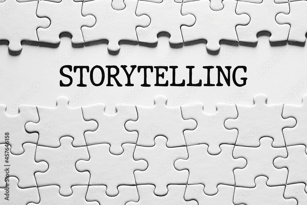 The word storytelling between the jigsaw puzzle pieces. Communication The word storytelling between the jigsaw puzzle pieces. Communication