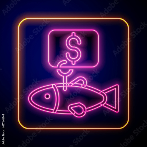 Glowing neon Price tag for fish icon isolated on black background. Vector