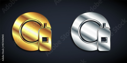 Gold and silver Dishwashing liquid bottle and plate icon isolated on black background. Liquid detergent for washing dishes. Long shadow style. Vector
