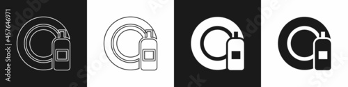 Set Dishwashing liquid bottle and plate icon isolated on black and white background. Liquid detergent for washing dishes. Vector