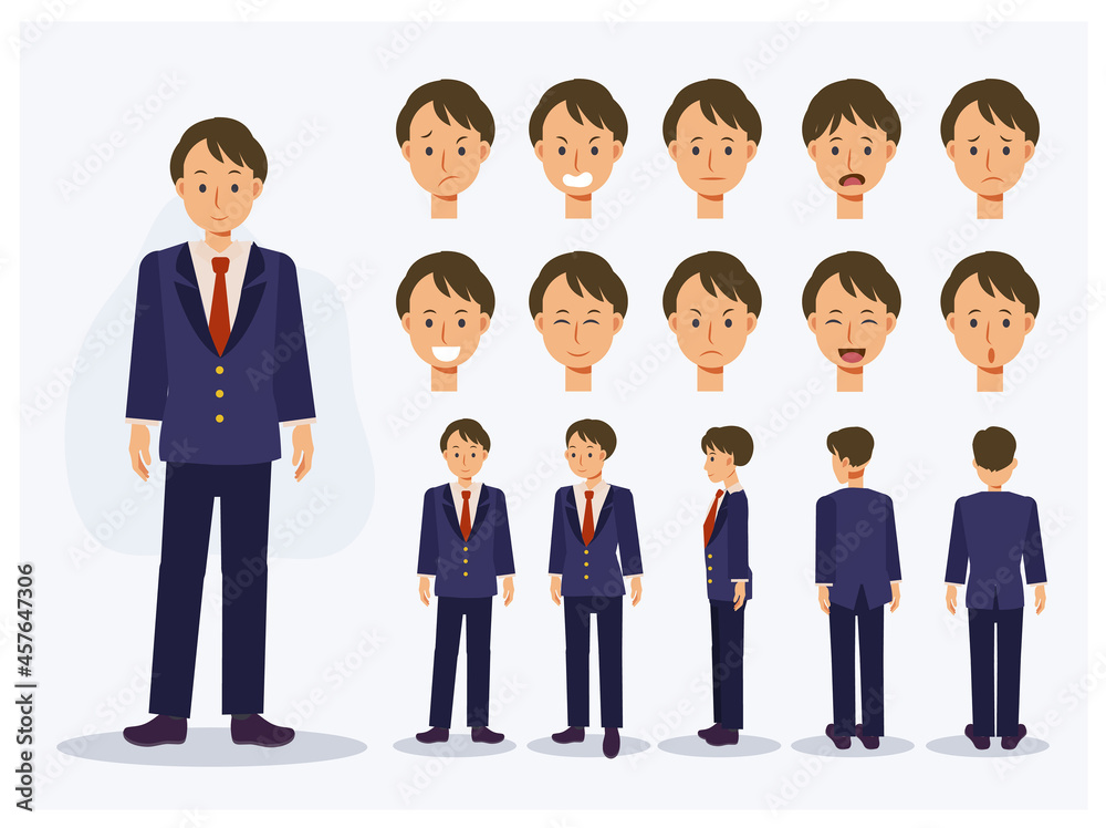 Set of Flat Vector Character Japanese student boy in uniform with various views, Cartoon style. Set of Flat Vector Character Japanese student boy in uniform with various views, Cartoon style.