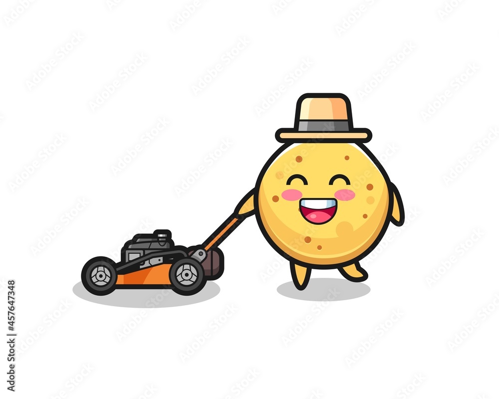 illustration of the potato chip character using lawn mower