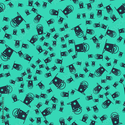 Black Bucket with foam and bubbles icon isolated seamless pattern on green background. Cleaning service concept. Vector