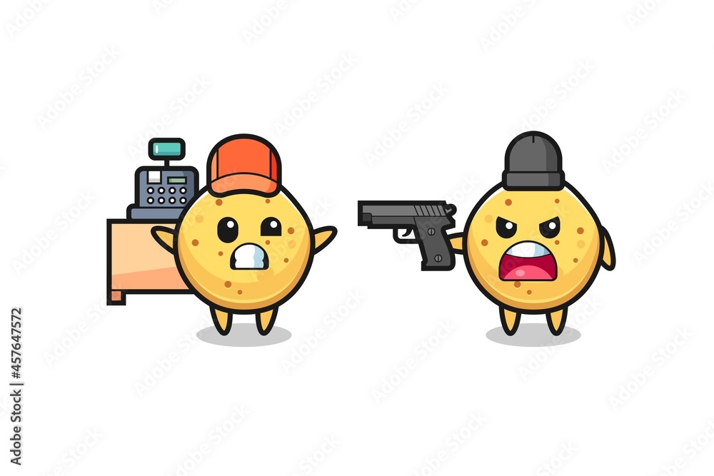 illustration of the cute potato chip as a cashier is pointed a gun by a robber