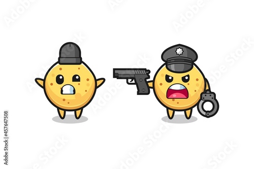 illustration of potato chip robber with hands up pose caught by police