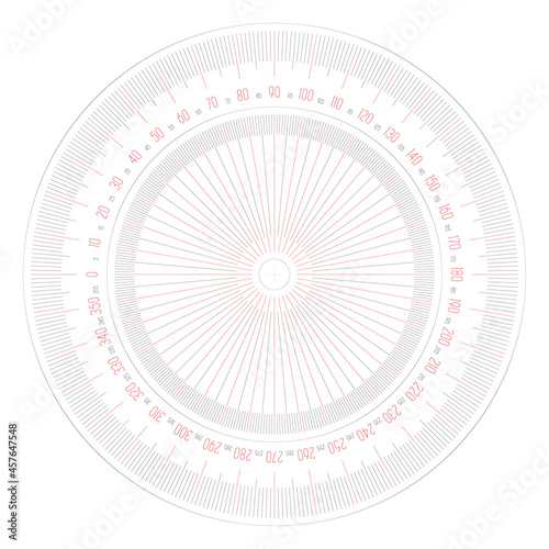 Full 360 degrees protractor - measuring instrument for measuring angles in geometry. Thin line vector illustration.