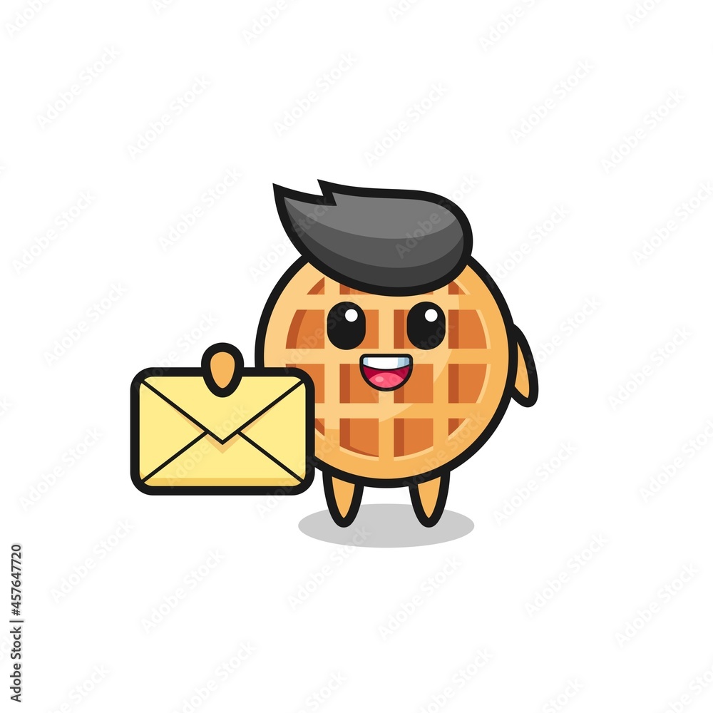 cartoon illustration of circle waffle holding a yellow letter