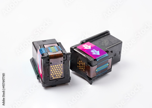 close-up of new cartridges from inkjet printer black and color on a white background.