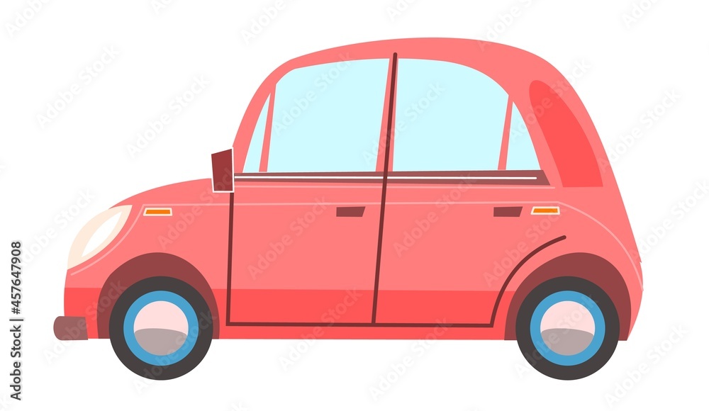 Car. Cartoon comic funny style. Side view. Beautiful retro pink Automobile. Auto in flat design. Childrens illustration. Object is isolated on white background. Vector