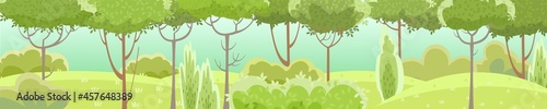 Amusing beautiful forest landscape. Horizontally. Cartoon style. Grass hills. Rural natural look. Cool romantic pretty. Flat design illustration. Vector art