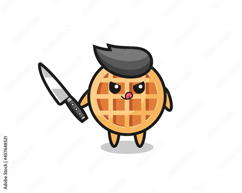cute circle waffle mascot as a psychopath holding a knife