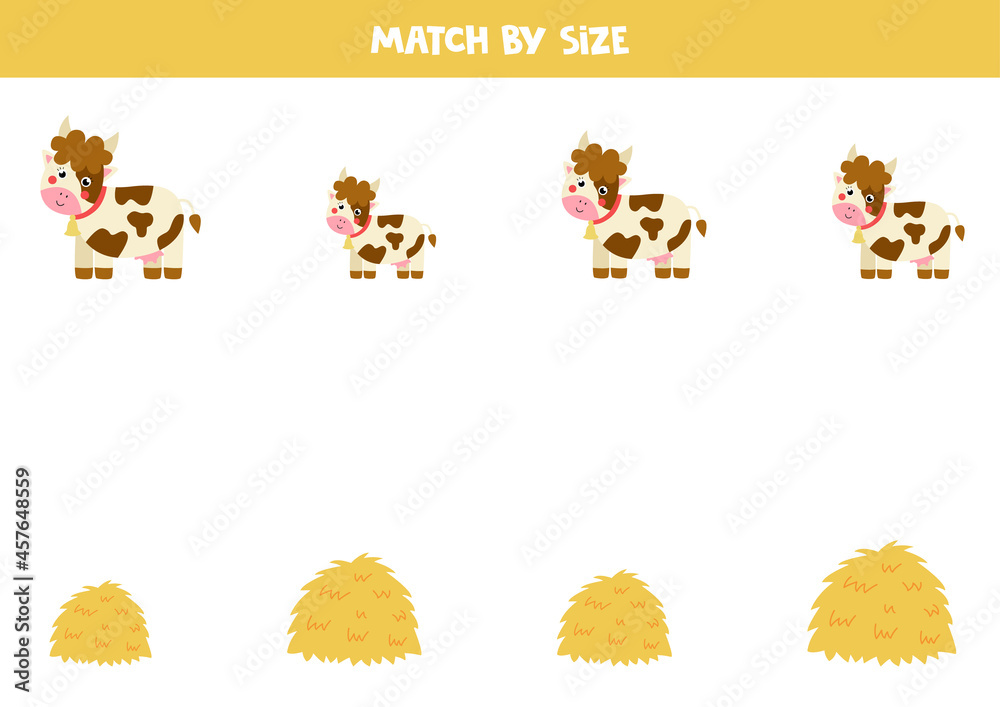 Matching game for preschool kids. Match cows and hay stacks by size.