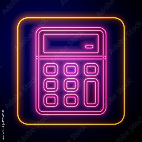 Glowing neon Calculator icon isolated on black background. Accounting symbol. Business calculations mathematics education and finance. Vector