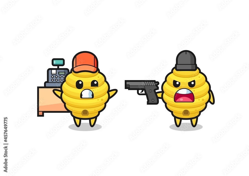 illustration of the cute bee hive as a cashier is pointed a gun by a robber illustration of the cute bee hive as a cashier is pointed a gun by a robber