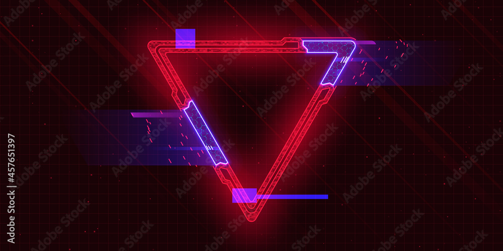 Futuristic cyberpunk style triangle with glitch effect. Triangle with red cyberpunk elements and blue hud neon hologram effect. Good for design banners, electronic music events, game titles.