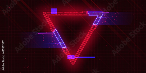 Futuristic cyberpunk style triangle with glitch effect. Triangle with red cyberpunk elements and blue hud neon hologram effect. Good for design banners, electronic music events, game titles. photo