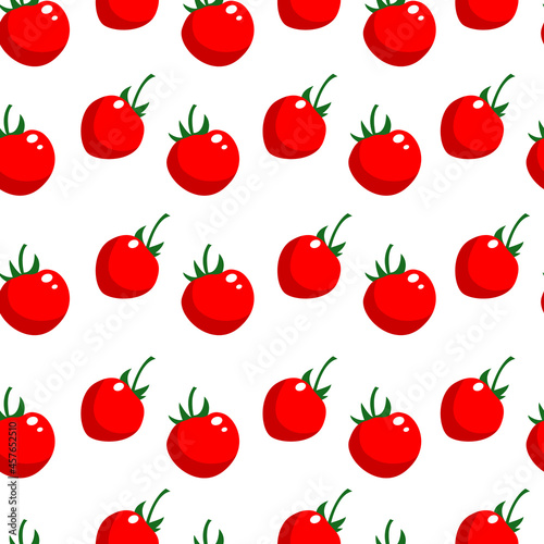 Vector seamless pattern: ripe, red, appetizing small fresh tomatoes and green leaves. Design with vegetables or natural ingredirnts for cooking. For textile, wall decor, wrapping paper. 