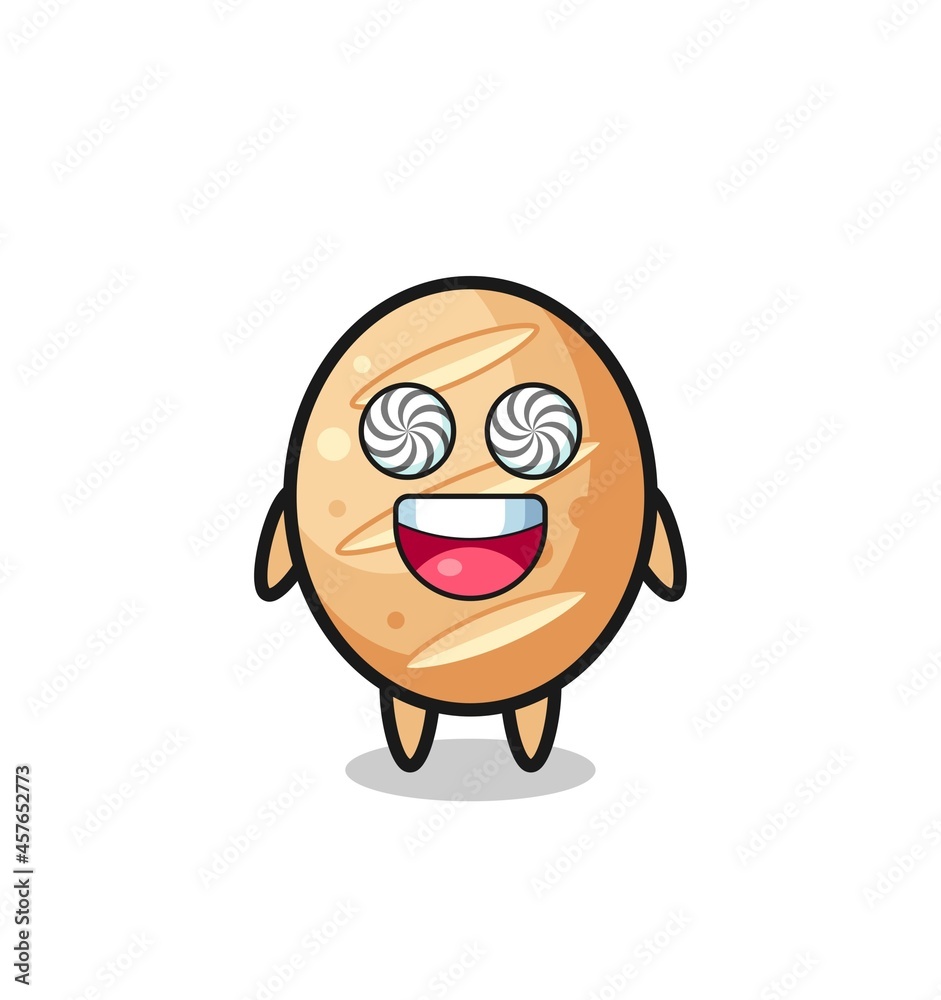 cute french bread character with hypnotized eyes