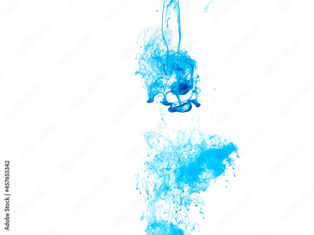 blue paint dissolves in water on a white background, like a cloud or smoke