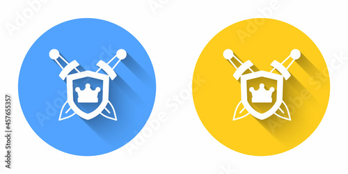 White Medieval shield with crossed swords icon isolated with long shadow background. Circle button. Vector