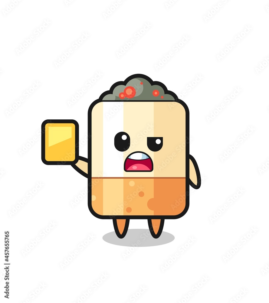 cartoon cigarette character as a football referee giving a yellow card cartoon cigarette character as a football referee giving a yellow card