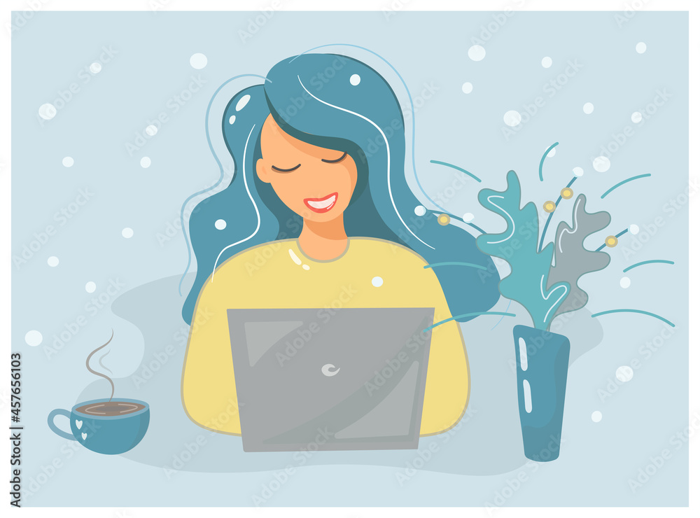The girl works and studies at the computer. Winter period. Submission of reports, exams. Cheerful blonde with a laptop and a cup of coffee. Remote work and training. Flat vector design with cute woman The girl works and studies at the computer. Winter period. Submission of reports, exams. Cheerful blonde with a laptop and a cup of coffee. Remote work and training. Flat vector design with cute woman