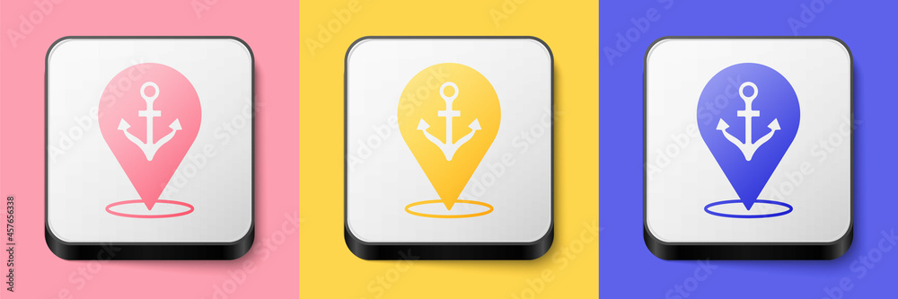 Isometric Map pointer with anchor icon isolated on pink, yellow and blue background. Square button. Vector Isometric Map pointer with anchor icon isolated on pink, yellow and blue background. Square button. Vector