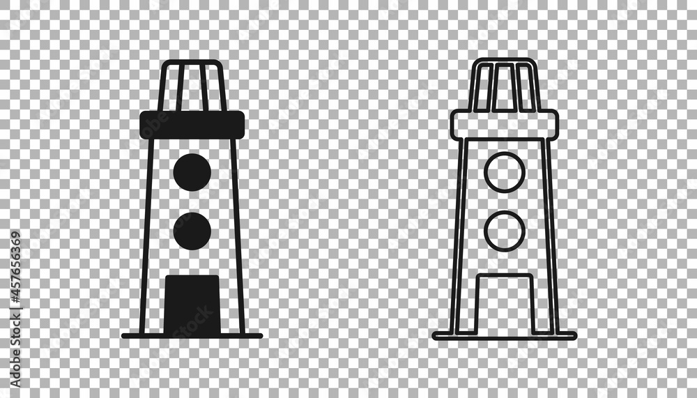 Black Lighthouse icon isolated on transparent background. Vector