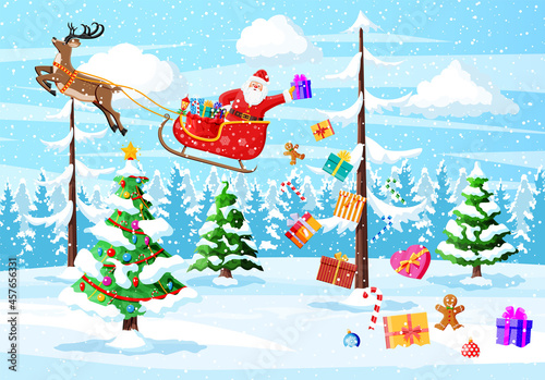 Christmas Background. Santa Claus Rides Reindeer Sleigh. Winter Landscape with Fir Trees Forest and Snowing. Happy New Year Celebration. New Year Xmas Holiday. Vector Illustration Flat Style