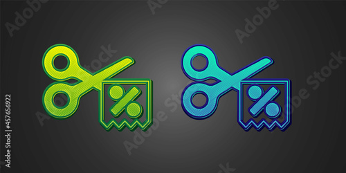 Green and blue Scissors cuts discount coupon icon isolated on black background. The concept of selling in an online supermarket at low prices or half the cost. Vector