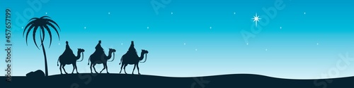 The sages from the east sit on camels and look at the Star of Bethlehem.