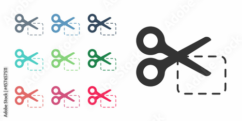 Black Scissors cuts discount coupon icon isolated on white background. The concept of selling in an online supermarket at low prices or half the cost. Set icons colorful. Vector