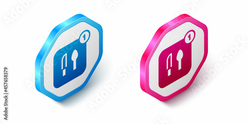 Isometric Food ordering icon isolated on white background. Order by mobile phone. Restaurant food delivery concept. Hexagon button. Vector