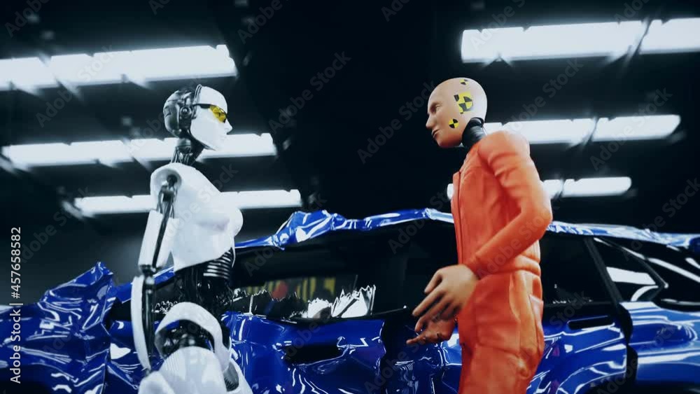 Robot crash test dummy and female robot. Future concept. Realistic 4k ...