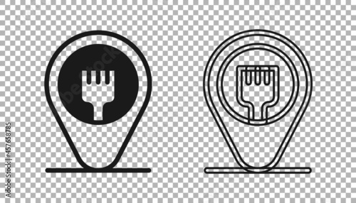 Black Cafe and restaurant location icon isolated on transparent background. Fork eatery sign inside pinpoint. Vector.