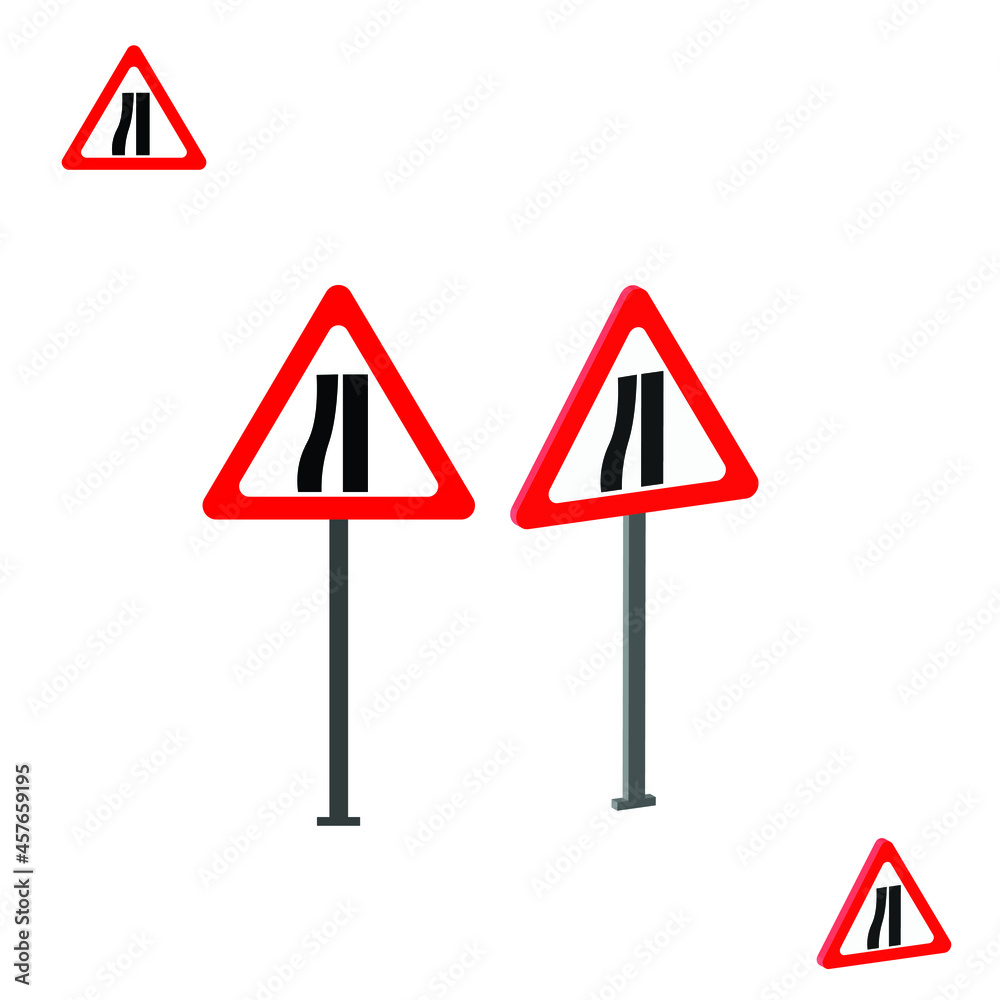 Road Narrows On The left traffic sign with 3d view. traffic signs and rules Road Narrows On The left traffic sign with 3d view. traffic signs and rules