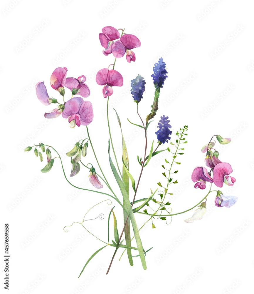 Watercolor bouquet of pink and blue flowers