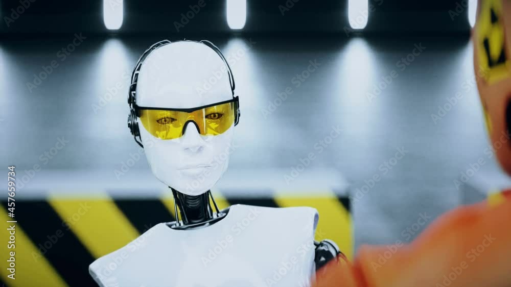 Robot crash test dummy and female robot. Future concept. Realistic 4k ...